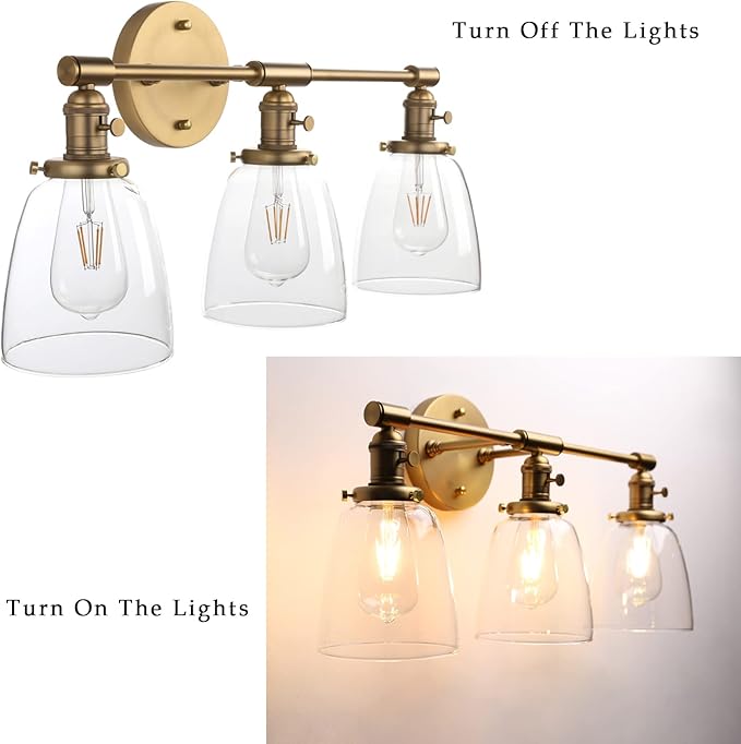 Phansthy 3-Light Wall Sconces Antique Brass Vanity Light, Industrial Wall Lamps with On Off Switch and Clear Glass Lampshade, Vintage Wall Lighting for Bathroom Living Room (Antique, Bell Shade)