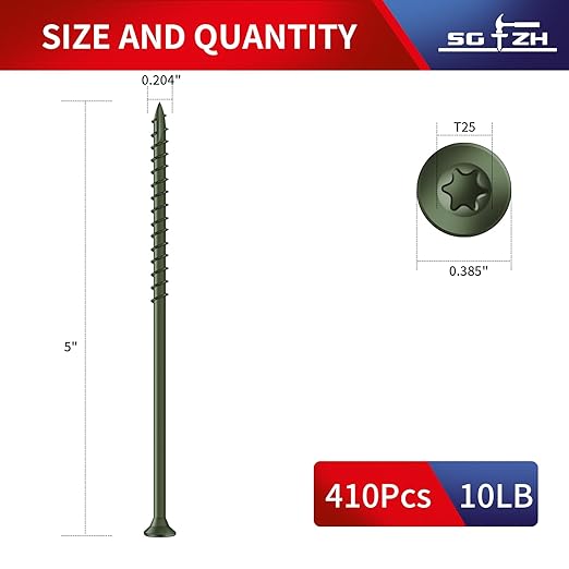 #10 x 5 Deck Screws (410Pcs) 10lb. Exterior Wood Screws. Carbon Steel, Green, Flat Head, Rust Resistant epoxy Coated, with T25 Star Bit