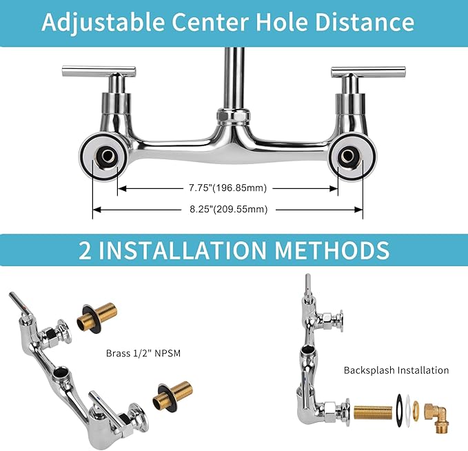 8 Inch Center Wall Mounted Kitchen Faucet, Commercial Sink Faucet with 6" Gooseneck Swivel Spout 2 Handle Utility Faucet for Home Restaurant Compartment Sink
