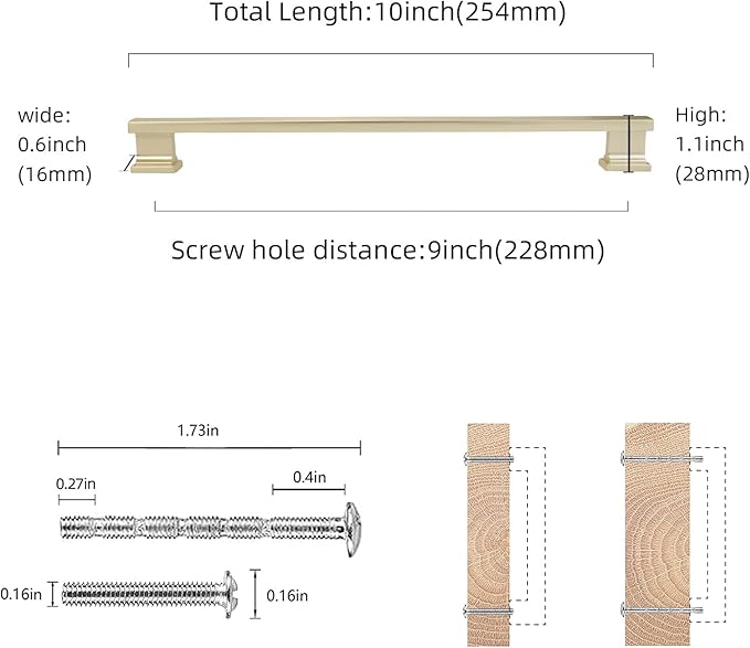 COTYKILEY 10 Pack 9 Inch(228mm) Brushed Brass Cabinet Handles Gold Kitchen Cabinet Pulls Cabinet Door Handles Kitchen Cabinet Hardware