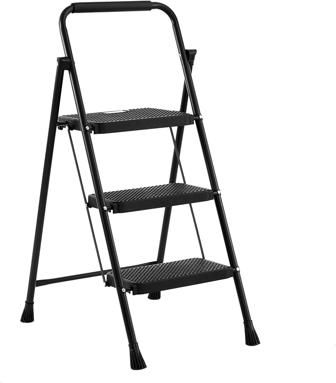 Nazhura Foldable 3 Step Stool Ladder, 300 Lb Weight Limit Folding 3 Stepping Ladder for Kitchen, with Wide Anti-Slip Pedal, Sturdy Steel Ladder, Convenient Handrail, Lightweight