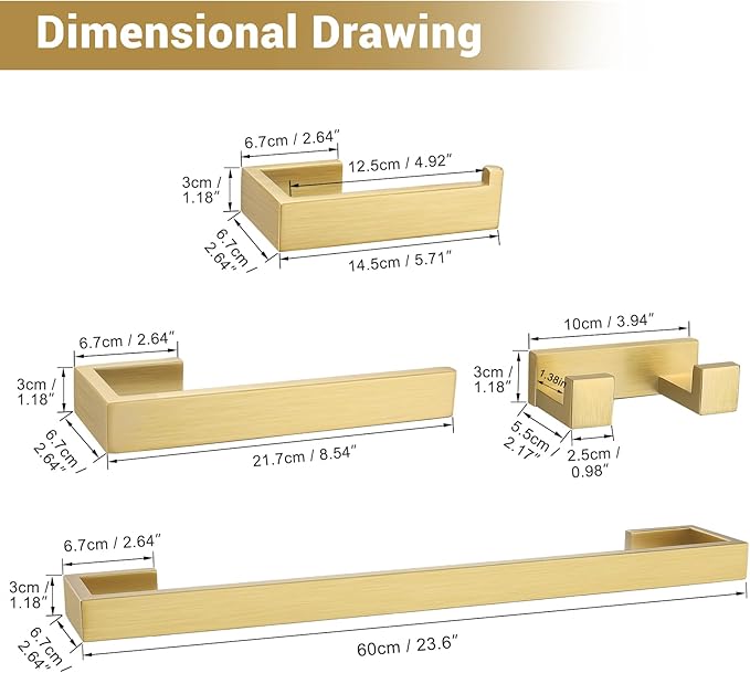 Brushed Gold Bathroom Hardware Set, 4-Piece Bath Towel Bar Set SUS304 Stainless Steel Towel Rack Set for Bathroom, 23.6 inches Bathroom Towel Holder Set Wall Mounted