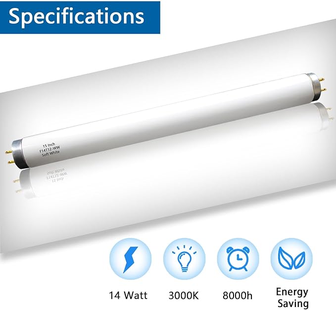 Valoisa 15 Inch F14T12 14 Watt T12 Soft White Fluorescent Bulb,14-Watt 14 3/4-Inch T12 Under Cabinet Light Bulb,3000K,G13 Base,3 Pack