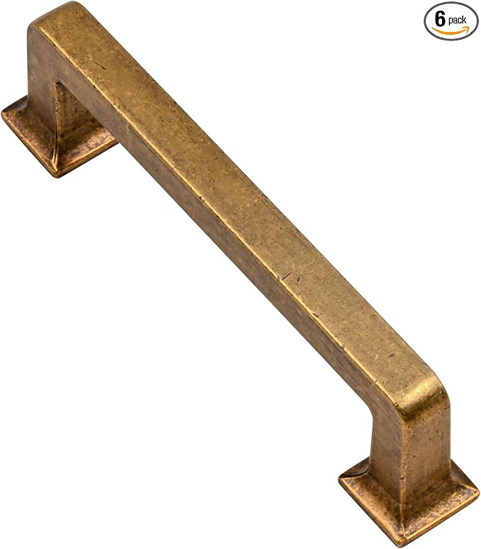 Alzassbg 6 Pack Antique Brass Cabinet Pulls, 3-3/4 Inch(96mm) Hole Centers Cabinet Handles Square Kitchen Hardware for Cabinets AL3046AE