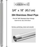 GeilSpace 3/4" x 18" Stainless Steel Pipe, 304 Pipe Nipple Fits Standard 3/4 Inch Threaded Pipes and Fittings, DIY Industrial Metal tube (2 PCS)