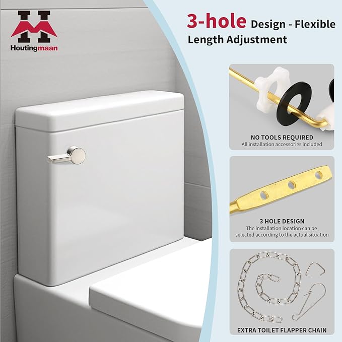 Houtingmaan Toilet Handle Replacement Kit,Toilet Handle Lever for Most Front Mount Toilets, Universal Brass Toliet Flush Handle Lever with Stainless Steel Flapper Chain,Brushed Nickel