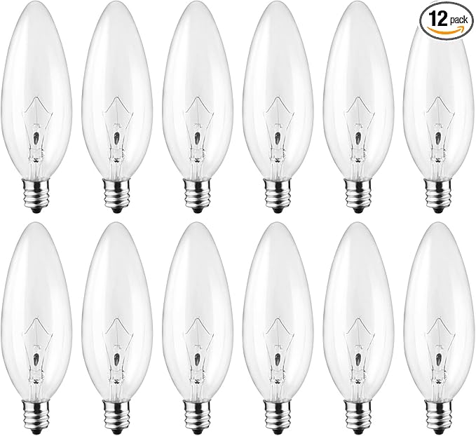 12-Pack 40W 110V Incandescent Candle Light Bulbs Dimmable Chandelier Light Bulbs, E12 B10 Clear Candelabra Base Bulbs for Pendants or Outdoor, Ceiling Fan, Fireplace, Wall Sconces