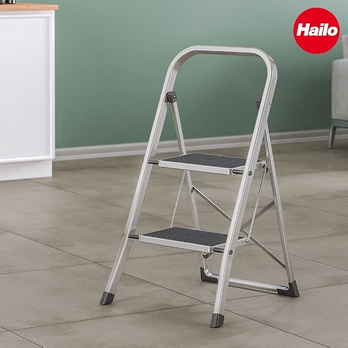 HAILO K70 StandardLine 2-Step Ladder – Foldable Steel Step Stool with Safety Lock, Wide Non-Slip Mats, 330 lb Capacity, Compact Storage, Carry Handle, Stable for Home, Kitchen, Office – Silver