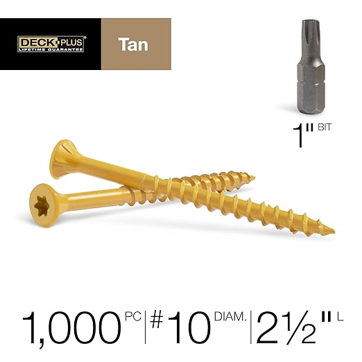 Deck Plus 2-1/2 Inch Epoxy Coated Exterior Wood and Fence Screws #10 x 2-1/2" Torx/Star Drive Included Coarse Thread, Outdoor Rust Resistant Decking Screw, Tan, Keg, 1000 Pieces | 49325