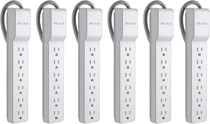 Belkin 6-Outlet Power Strip Surge Protector w/Flat Rotating Plug, 6ft Cord – Ideal for Personal Electronics, Small Appliances and More (1080 Joules), White, 6' - 6 Pack