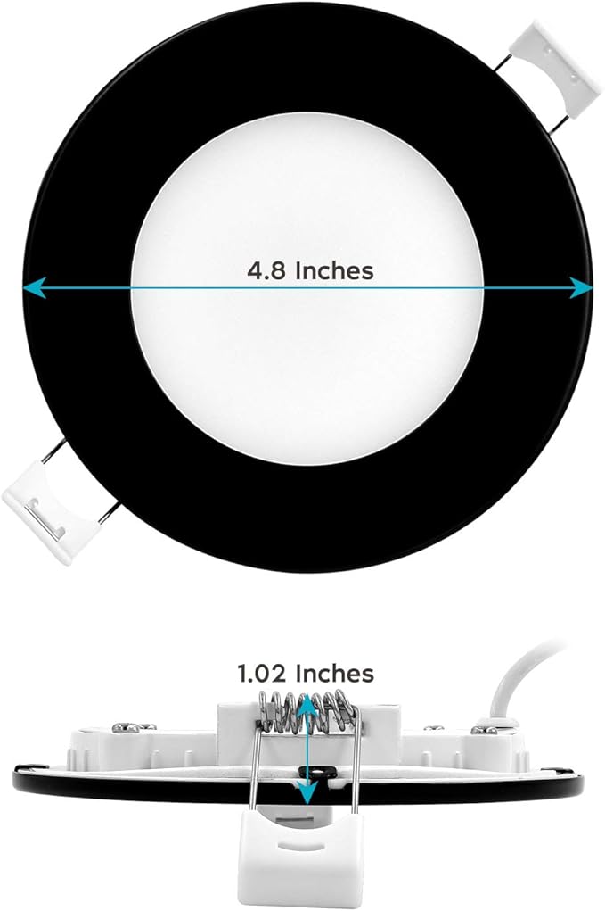 LUXRITE 4 Inch Ultra Thin LED Recessed Light with J-Box, 10W, 5 Color Options 2700K | 3000K | 3500K | 4000K | 5000K, Dimmable Wafer Lights, 750 Lumens, Black Trim, Energy Star, IC Rated (4 Pack)