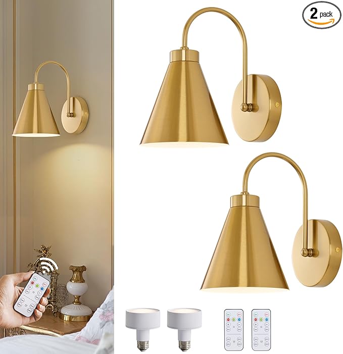 Vintage Cordless Gooseneck Battery Operated Wall Sconces Set of 2, Gold Bedside Battery Powered Wall Decor Lamps with Remote Control, Wireless Indoor LED Lights Fixture for Bedroom Hallway