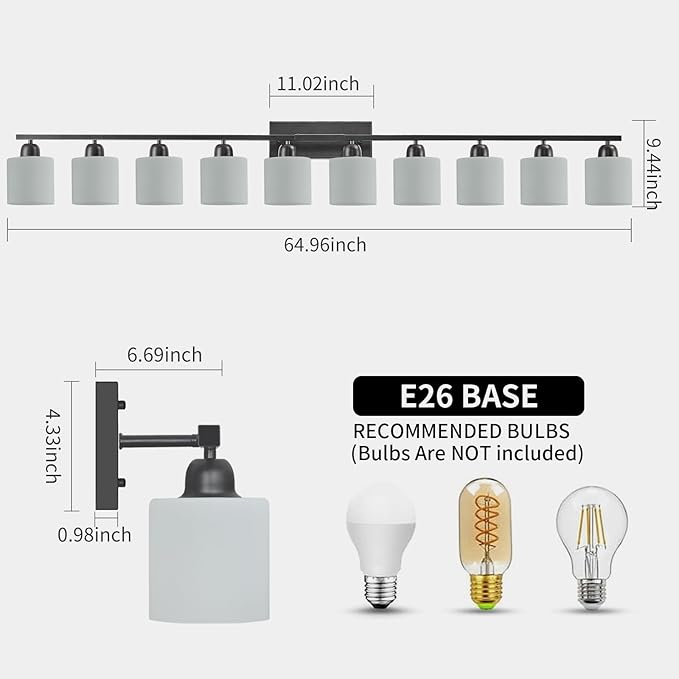 10 Light Black Vanity Lights for Giant Mirror, Bathroom Vanity Lights Over Mirror with Milky White Frosted Glass Shades,65 inch Bathroom Light Fixture for Mirrors, E26