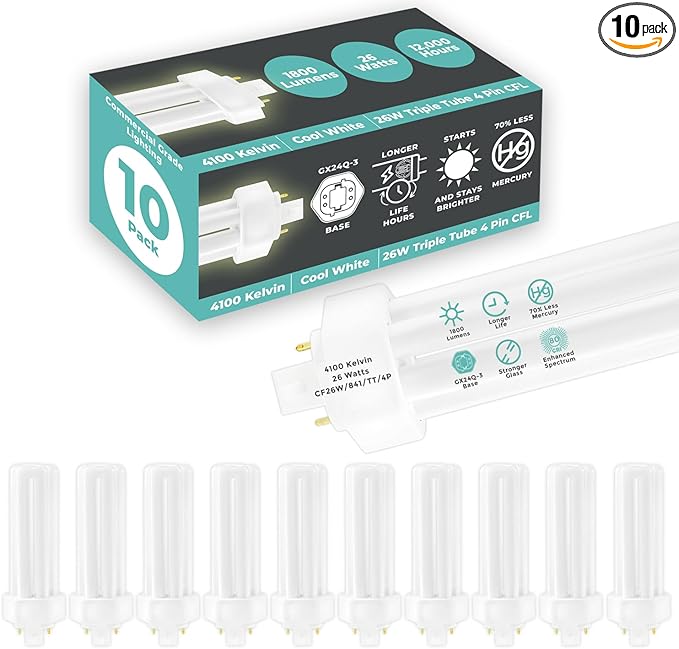 GoodBulb 26 Watt CFL Light Bulbs 4 Pin GX24Q-3 Base 4100K Cool White 26W High Output 1800 Lumens Triple Tube Compact Fluorescent Light Bulbs Plug-in 10 Pack