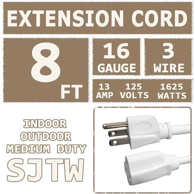 Indoor Outdoor Extension Cord 8 FT Waterproof, 16/3 Gauge Heavy Duty White Extension Cords, 13A 1625W SJTW Extension Cord with 3 Prong Grounded Plug, Great for Tools, Lights, UL Listed.