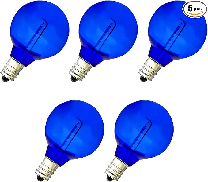 5 Pack G40 Blue LED Replacement Christmas Light Bulbs,E12 Candelabra Base, Shatterproof Plastic, for Christmas Outdoor String Lights (5 PCS)