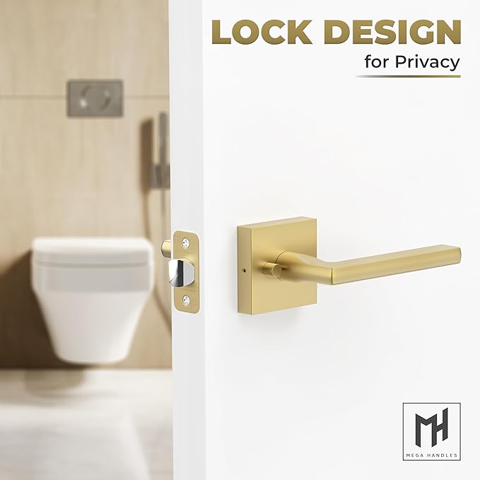 Mega Handles Prime Privacy Lever Door Handle for Hallway, Closet and Bathroom, Keyless Reversible Design Door Levers, Fits All Standard Door Sizes, Covered Screws Included - Satin Brass (1 Pack), 5"
