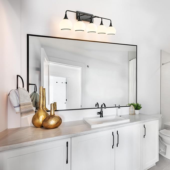 Black Bathroom Light Fixtures 5-Lights Vanity Lights with Milky White Frosted Glass Shade Bathroom Vanity Light 39.2 inch Wall Sconce Lighting Bath(Exclude E26 Bulb)