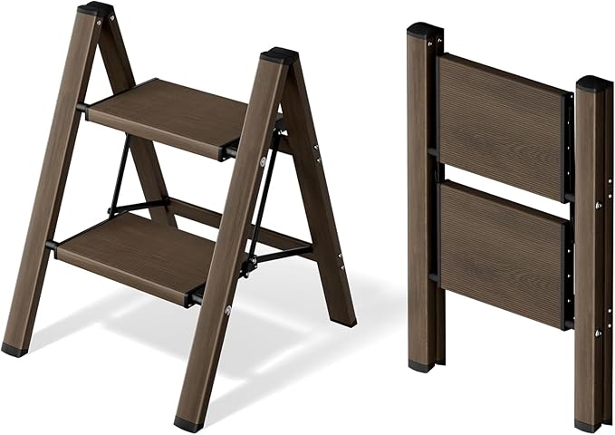 2 Step Ladder,Aluminum Folding Step Stool for Adults,Step Ladder with Wide Anti-Slip Pedal,330 lbs Capacity for Home,Office,Kitchen,Library(Walnut)