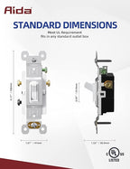 AIDA 15 Amp 3 Way Quiet Indoor Toggle Switch Self-Grounding ON Off Toggle, Residential Grade, UL Listed, Quickwire Push-in & Side Wired (White, 10 Pack)