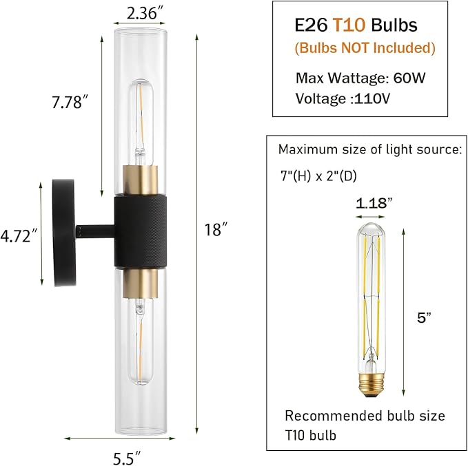 Modern Knurled Texture Wall Sconce Clear Glass Shade Modern Gold Black Bathroom Vanity Light Fixtures 2-Lights Mid Century Wall Light for Mirror Living Room Hallway E26 T10 Bulbs(Excluded)