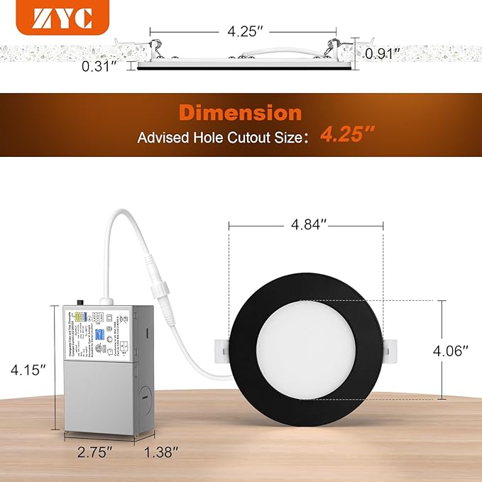 ZYC Recessed Lighting 4 Inch - 9W 800LM LED Recessed Ceiling Light with Night Light,2700K/3000K/3500K/4000K/5000K Selectable Ultra-Thin Lighting,Dimmable Canless Wafer Downlight,Pack of 6（Bronze）.