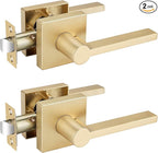 EHOMEWARE 2 Pcs Door Knobs Interior, Passage Door Handle Gold, Modern Closet Door Knobs in Satin Brass Finish, Keyless Door Levers Heavy Duty Door Handle Set, Sleek Door Hardware & Locks