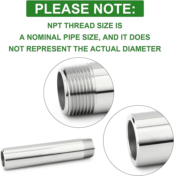 TAISHER 2PCS 304 Stainless Steel Pipe Fittings, 1/2" NPT Male Threaded, 6" Length Weld Nipple Cast Pipe