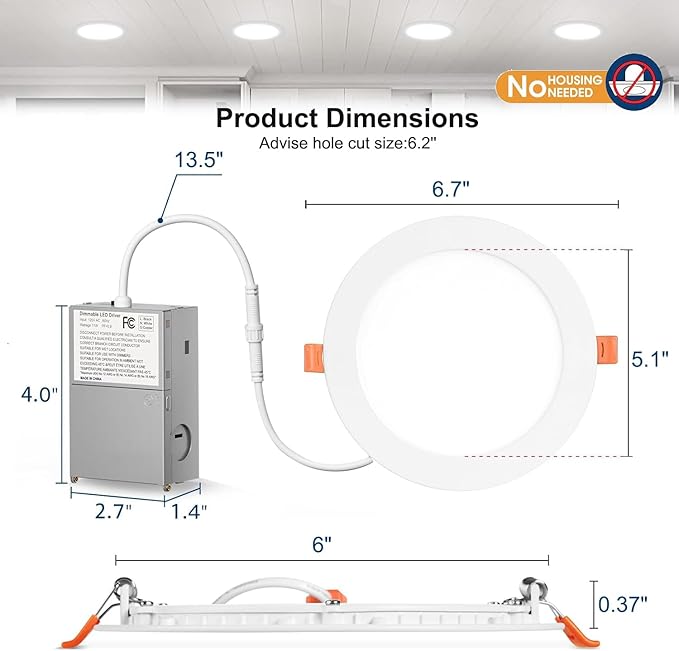 24 Pack 6 Inch Canless Recessed LED Ceiling Lights with Junction Box - 6000K Daylight , 1050LM High Brightness, 12W 110W Eqv, Ultra-Thin LED Recessed Lighting for Bedroom Kitchen Living Room Hallway