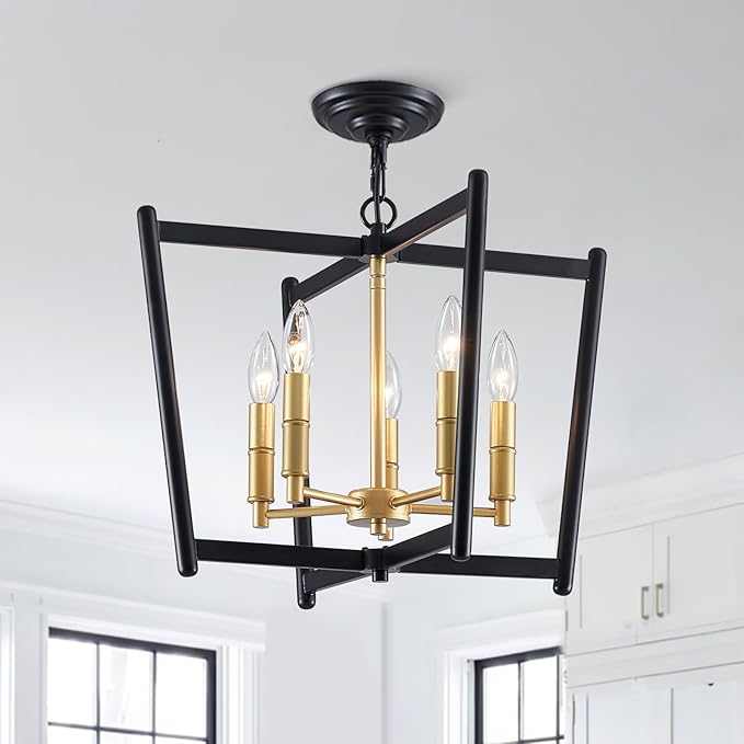 Black Gold Chandelier Light Fixture, Geometric Modern Farmhouse Pendant Light for Dining Living Room Entryway Kitchen Island Bedroom Chandelier, 5 Lights Metal Hanging Ceiling Light, 20 Inch