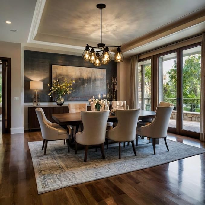 6-Light Black Chandelier,Farmhouse Chandelier for Dining Room Light Fixtures Over Table,21.7" Industrial Hanging Pendant Lighting with Metal Cage Shade for Kitchen Island Entryway Foyer Bedroom