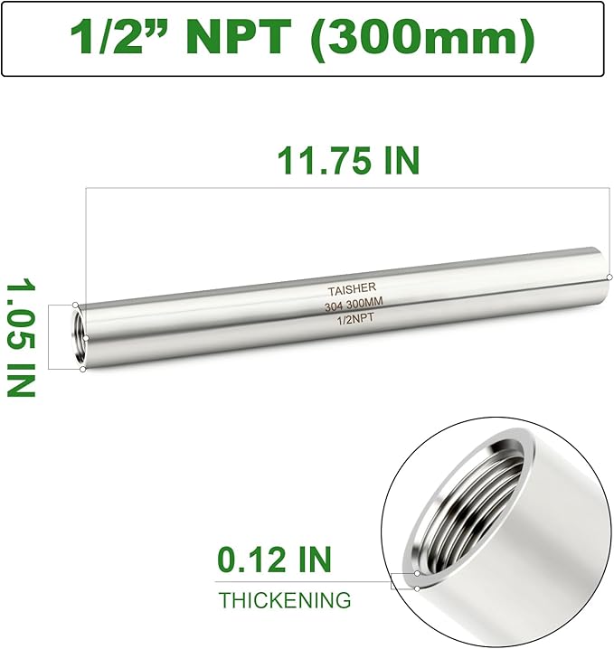TAISHER 2PCS Stainless Steel Pipe Fittings, 1/2" NPT Female x 1/2" NPT Female Threaded, 12" Length Thickened Nipple Cast Pipe
