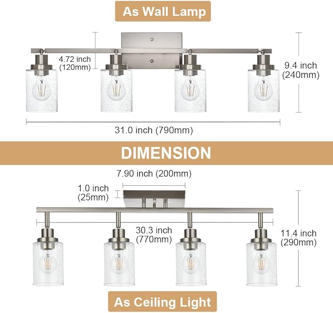 4-Light Track Lighting Fixtures, Rotatable Track Head Bathroom Vanity Light Ceiling Spotlight Brushed Nickel, Seeded Glass Shades