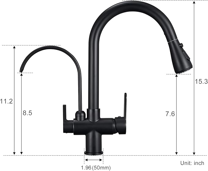 MENATT Commercial 3 in 1 Drinking Water Faucet, High Arc Water Filter Purifier Kitchen Faucets, Dual Handle Pull Out Kitchen Sink Faucet (Matte Black)