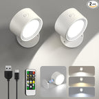 LED Wall Sconces 2 Pcs with Remote, Wall Mounted Lights Rechargeable Battery Operated, 3 Color Temperatures & Dimmable Wall Lamp Magnetic 360° Rotation Light for Bedroom Living Room