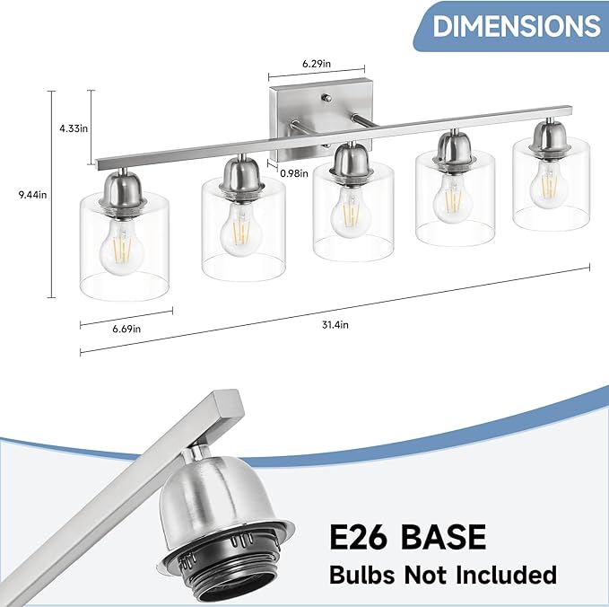 Modern Brushed Nickel 5 Light Bathroom Vanity Light, 31 inch Bathroom Light Fixtures with Clear Glass for Mirror Kitchen Living Room Hallway Cabinet Porch