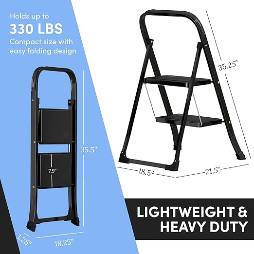 Lifetime Home 2-Step Ladder with Wide Anti-Slip Platform & Thick Rubber Feet - Lightweight Heavy Duty Foldable & Portable - 330 lbs Capacity, Steel Frame, Rubber Handgrip, Folding Step Stool - Black