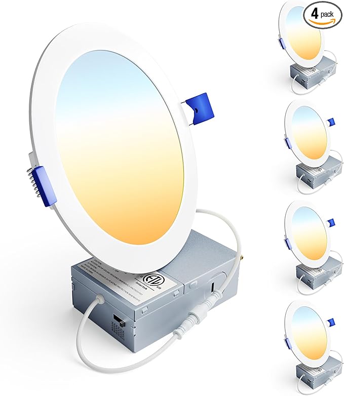 Ensenior 4 Pack 6 Inch LED Recessed Ceiling Light, Dimmable, 2700K-6000K 6CCT, 1050LM 12W 120V, High Brightness Canless Wafer Downlight - ETL&FCC&IC