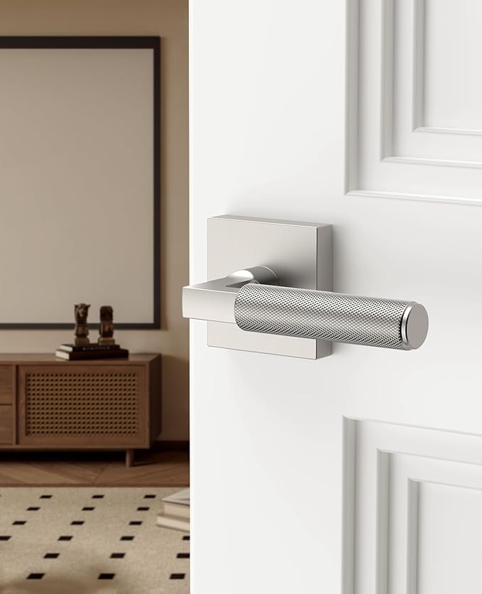 Asidrama 6 Pack Brushed Nickel Passage Door Handles, Door Lever with Door Knobs Indoor for Bedroom or Bathroom, Heavy Duty Door Handles Interior with Locks for Left Right Sided Doors