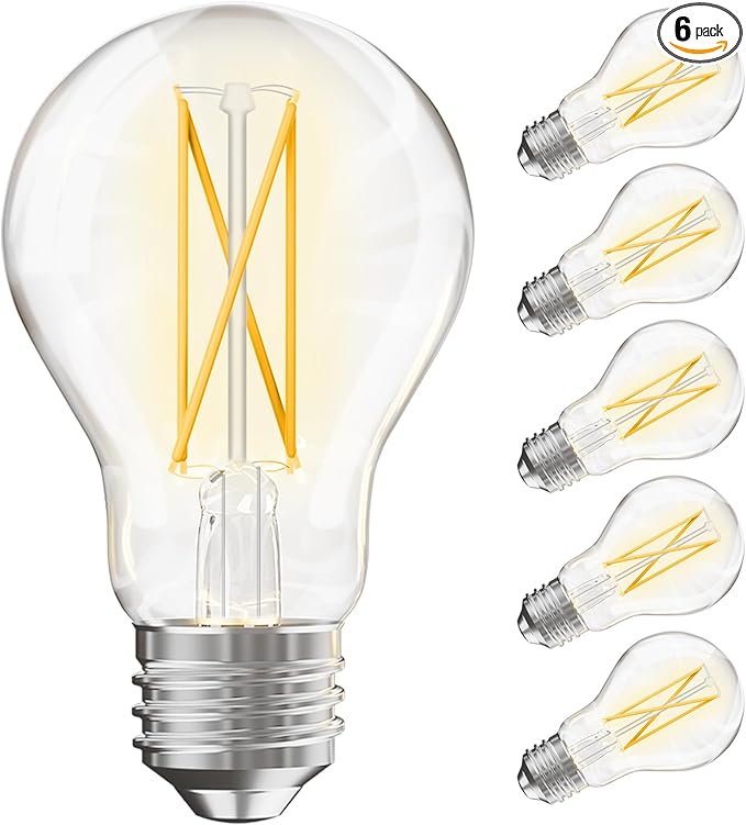 VOLIVO 6 Pack A19 Vintage LED Edison Bulbs, Dimmable, 60W Equivalent, High Brightness 2700K Warm White, 7W E26 Standard Base, CRI80+, 800 Lumens, Clear Glass Filament Bulb for Home, Farmhouse