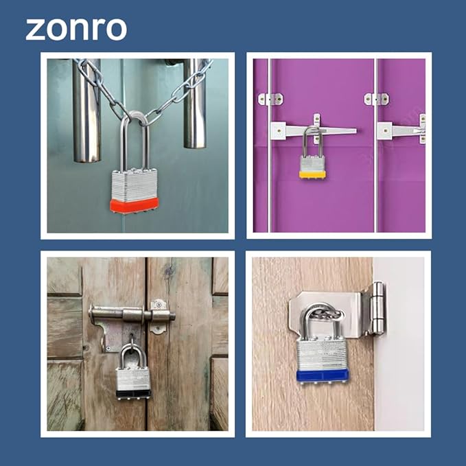 ZonRo Locks Laminated Steel Keyed Padlocks,Keyed Alike Locks, 1-9/16 inch Wide,Long Shackle Padlocks, Pack of 6，Yellow Hoop, for Hasp Latch, Sheds, Fences, Storage Locker, School, Gym