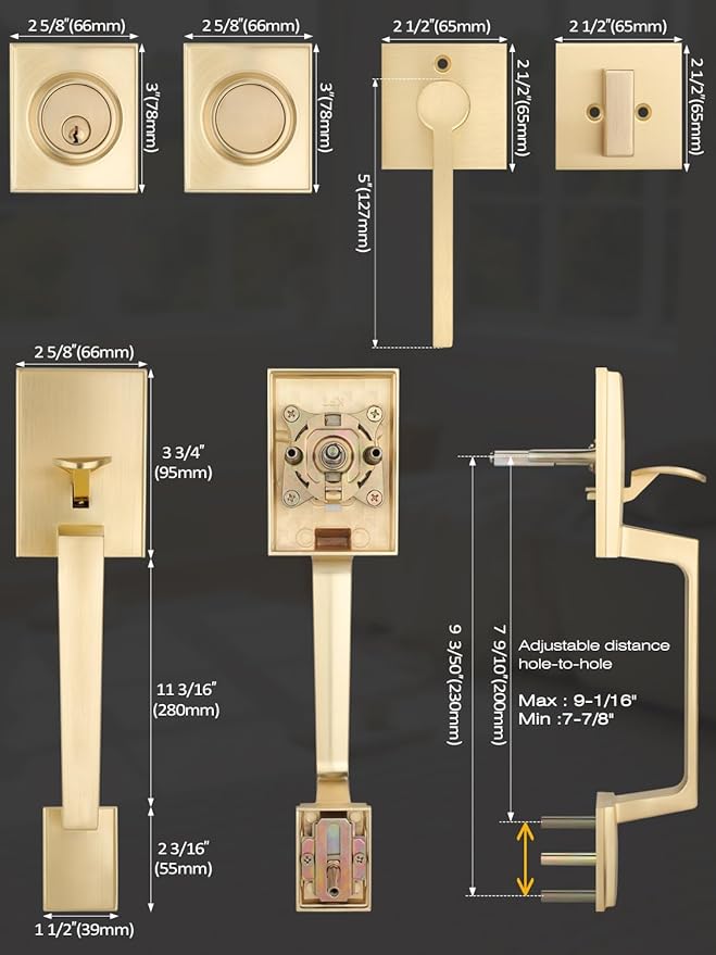 EHOMEWARE Double Front Door Handle Set, 1 Pack Satin Brass Square Door Lever, Exterior Door Knob & Deadbolt Combo, Door Lock Set for Front/Back/Office Doors, Heavy Duty Door Handle