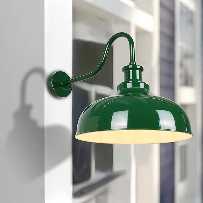 Outdoor Gooseneck Barn Lights, 16 Inch Dome Rustic Outdoor Wall Sconces, Farmhouse Exterior Wall Mount Lighting Fixture, Industrial Green Wall Lantern for Porch, Entryway, Garage, RZ007L-2 GR+WH