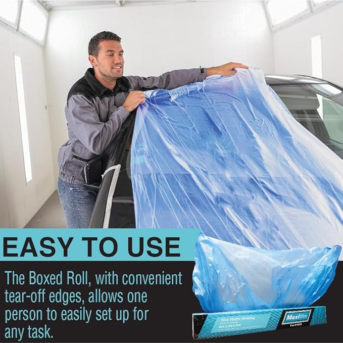 MAXIFILM 20ft x 250ft Roll of Blue Overspray Paintable Masking Plastic Sheeting -8 Micron, 0.3 Mil, Protective Masking Film Cover, Auto Painting, Cover Cloth Home Walls Furniture (2, 20ft x 250ft)