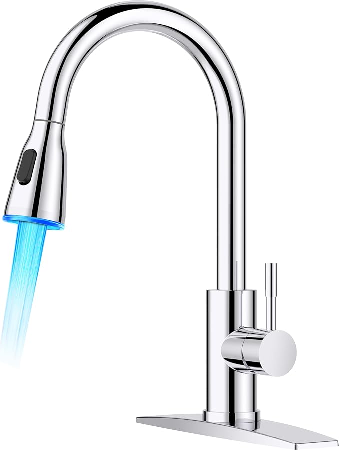 FORIOUS LED Kitchen Faucet with Pull Down Sprayer, Chrome Single Handle Stainless Steel Traditional Sink Faucets with LED Light Sprayer Head, Suitable for Farmhouse Laundry Camper Rv Bar