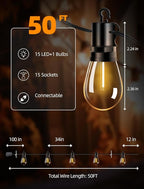 Outdoor Patio String Lights: S14 Shatterproof Bulb Outside Waterproof Light - 50Ft 15M Remote Dimmable Connectable Hanging Outdoor Electric Lighting - Garden Backyard Yard Gazebo Porch Party