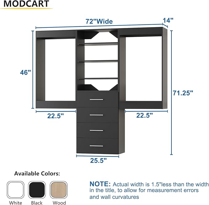 Modular Closet System, 72" Wide Closet Organizer System with Hanging and Drawers, Wood Tower Closet Storage for Walk In Closets, Wall Mounted Wardrobe Organizer Kit System, Bedroom, Black