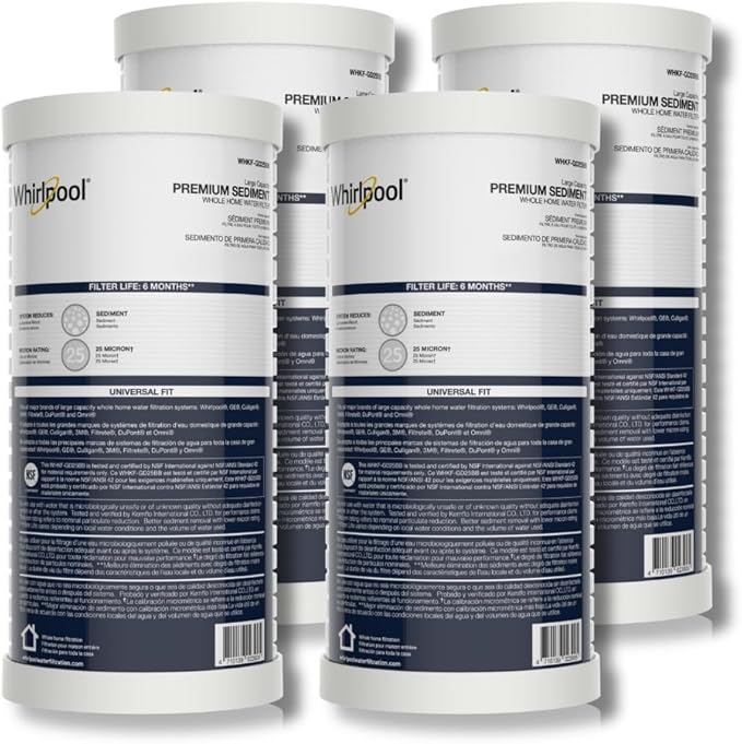Whirlpool Whole House Large Capacity Sediment Filter WHKF-GD25BB, Full Case of 4 Filters, NSF Certified 25-Micron Filtration, Replacement Cartridge Fits Most Home 10" x 4.5" Standard Filter Housings