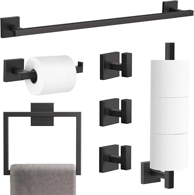 TQKAG 7-Pieces Matte Black Bathroom Hardware Accessories Set 23.6" SUS304 Stainless Steel Towel Bar Set Toilet Paper Spare Rolls Storage Holder Wall Mounted