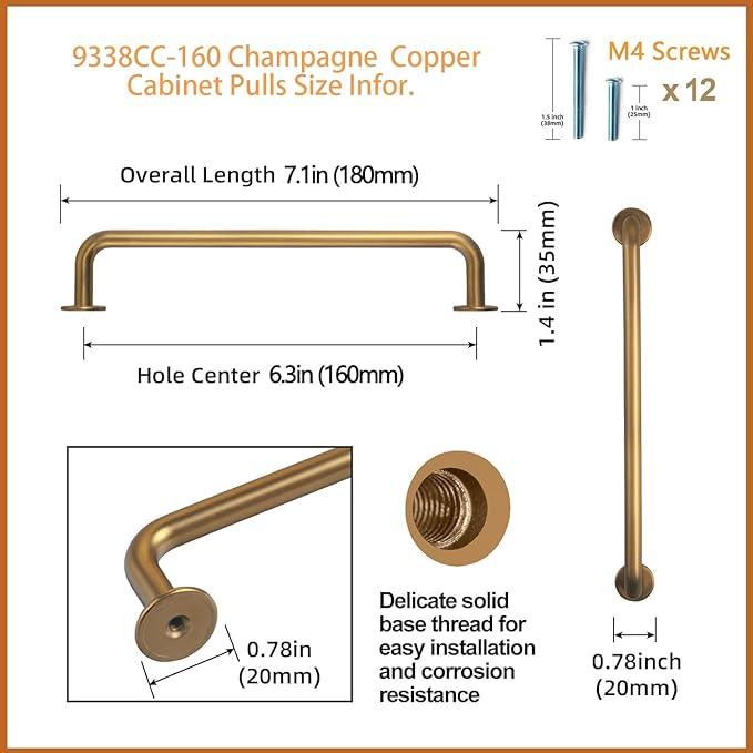 Goo-Ki 6 Pack Champagne Copper Cabinet Drawer Pulls Kitchen Hardware - 6.3"(160mm) c-c Bar Pull Dresser Handles for Cupboard Bathroom Closet Wardrobe